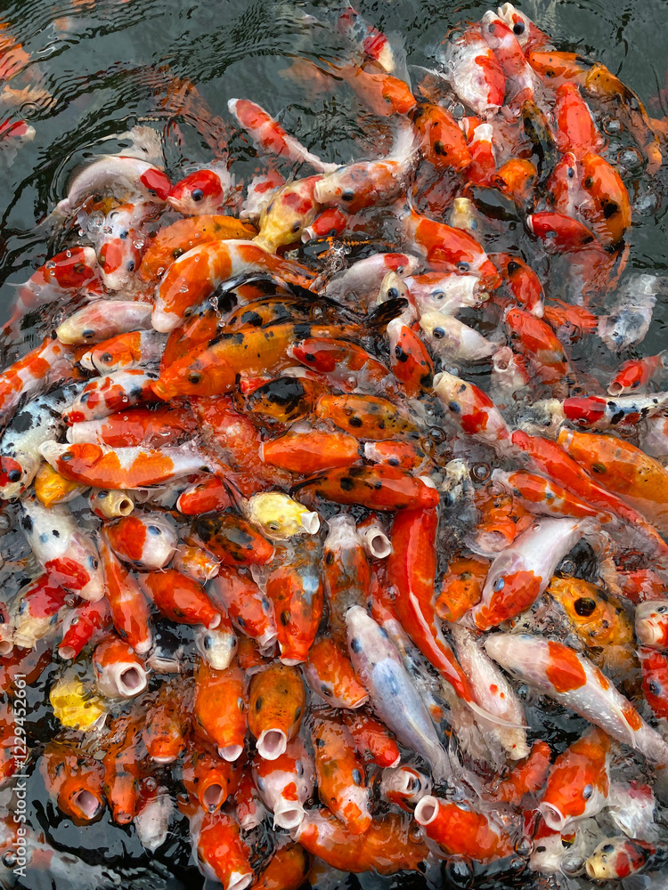 Vibrant Group of Colorful Koi Fish Swimming and Feeding in a Pond Vibrant Group of Colorful Koi Fish Swimming and Feeding in a Pond