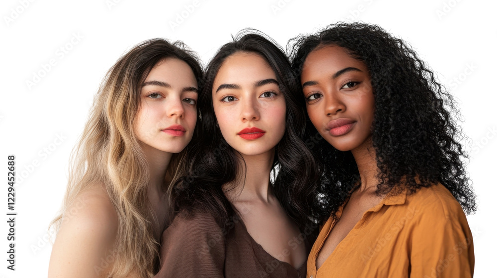 Three young women with diverse hairstyles and expressions pose together on a plain background capturing beauty and friendship Three young women with diverse hairstyles and expressions pose together on a plain background capturing beauty and friendship