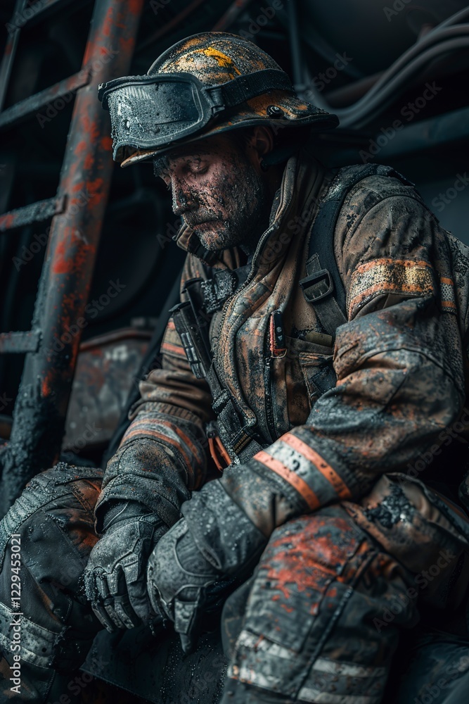 Fototapeta premium A seated and sweating firefighter is exhausted distress