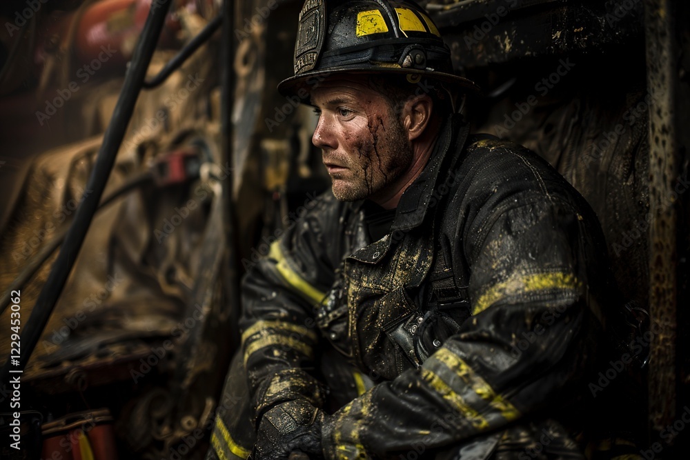 A seated and sweating firefighter is exhausted distress A seated and sweating firefighter is exhausted distress