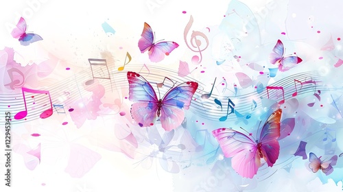 A whimsical watercolor background with butterflies and musical notes.