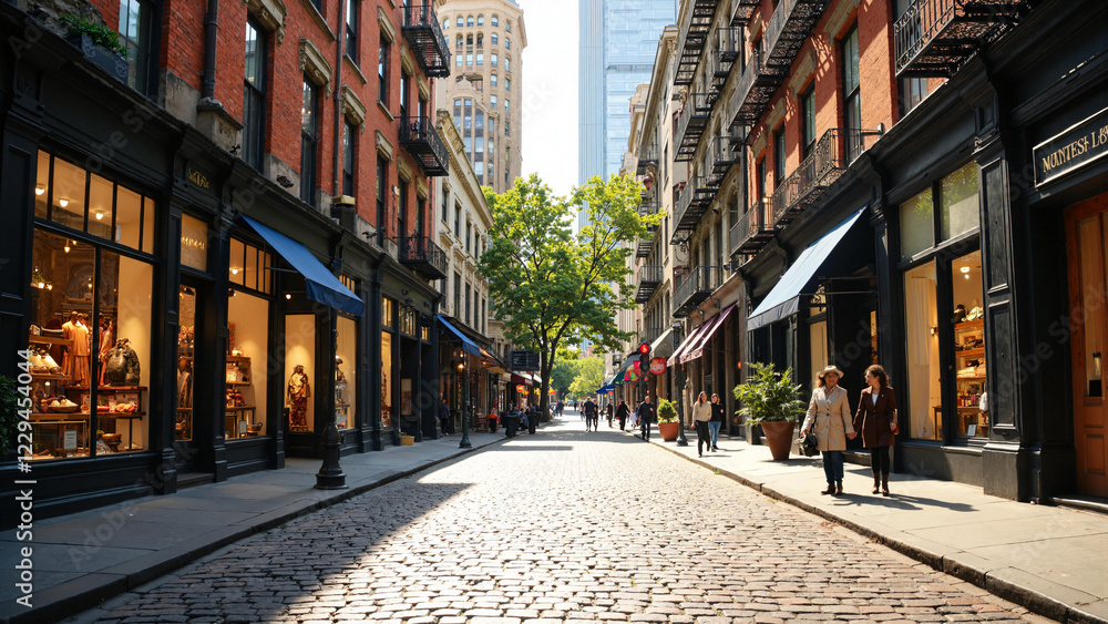 Vibrant SoHo Street Scene with Upscale Retail Stores, Luxury Apartments, and Cobblestone Streets for Real Estate, Travel, and Lifestyle Marketing Vibrant SoHo Street Scene with Upscale Retail Stores, Luxury Apartments, and Cobblestone Streets for Real Estate, Travel, and Lifestyle Marketing