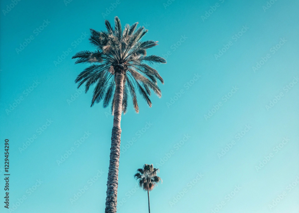 A tall palm tree stands against a clear, vibrant blue sky, banner and wall art poster and photo nature A tall palm tree stands against a clear, vibrant blue sky, banner and wall art poster and photo nature