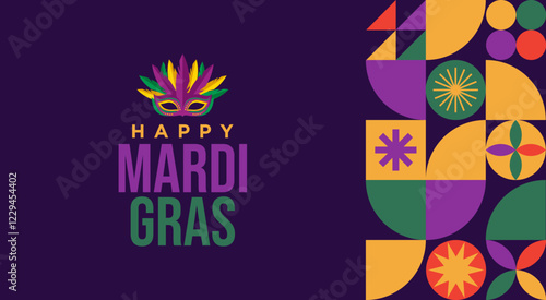 Happy Mardi Gras border vector illustration 
with abstract geometric background, Mardi Gras mask, Carnival celebration, Party banner, invitation, flyer, presentation template