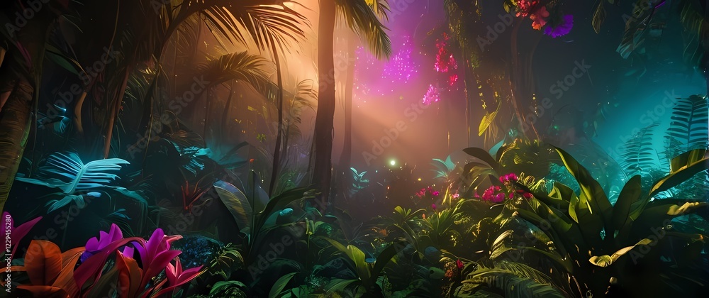 A vivid jungle scene with rare plants and flowers exuding bright colors and life A vivid jungle scene with rare plants and flowers exuding bright colors and life