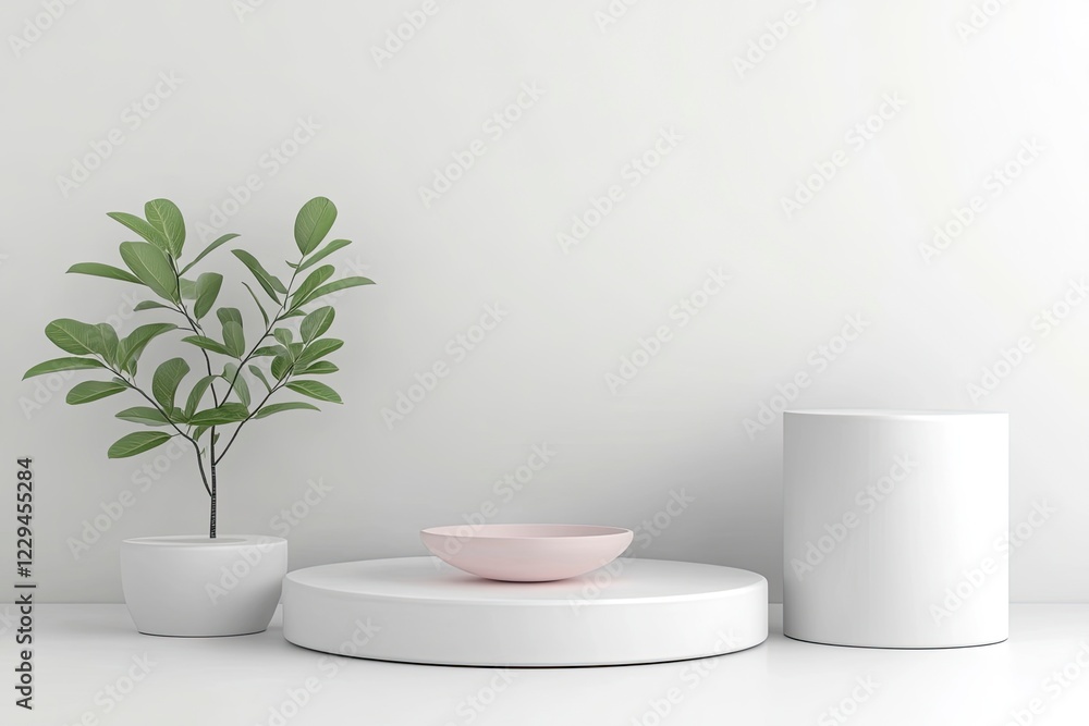 Abstract minimal background with geometric shapes and podium for product display presentation. 3D rendering, white color theme, podiums in different sizes on the right side of the composition, Abstract minimal background with geometric shapes and podium for product display presentation. 3D rendering, white color theme, podiums in different sizes on the right side of the composition,