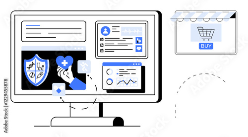Computer screen displaying health apps, medical information, and graphical data. Online store icon with Buy. Ideal for telemedicine, e-health, data analytics, digital health, medical e-commerce