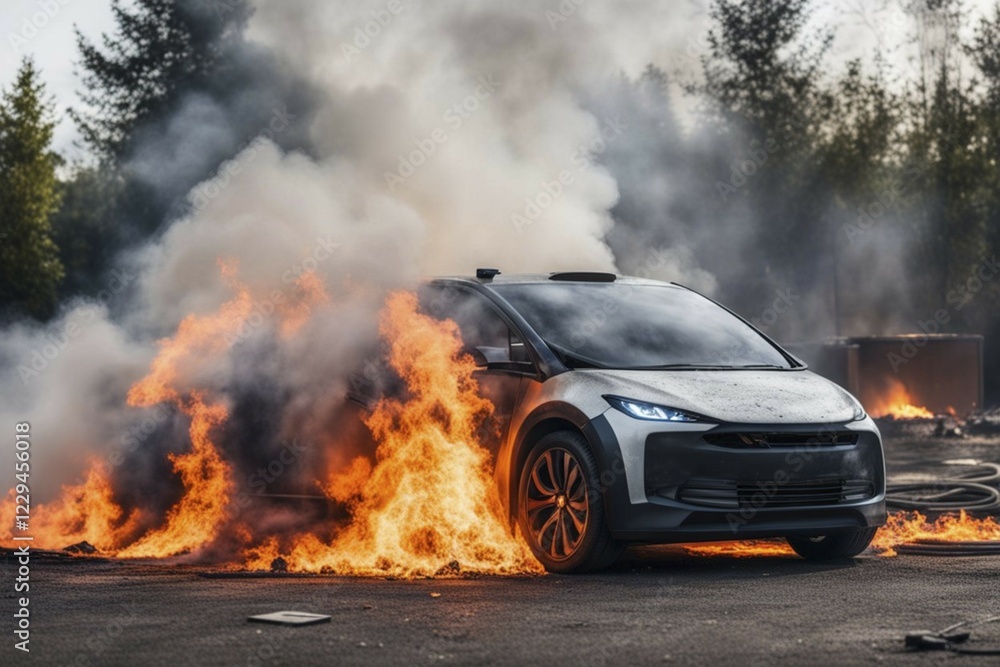 Ev electric car battery burning from bottom chasis outdoors ai generated