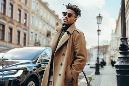 A Beautiful young stylish man is with electric car photo