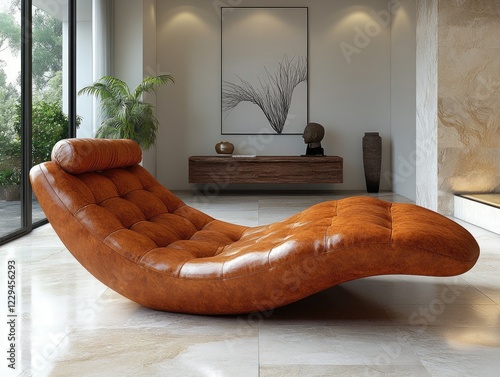 A luxurious tan leather chaise lounge in a modern living room with natural light and art photo