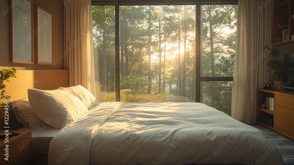 Fototapeta premium cozy bed with white linens and panoramic window