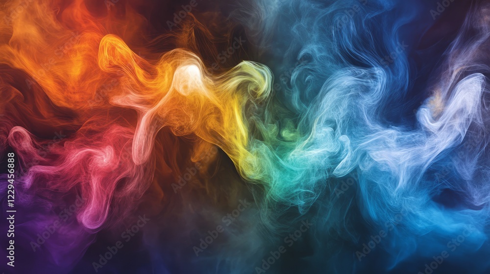 Fototapeta premium A colorful smoke trail with a blue and orange section. The smoke is in the air