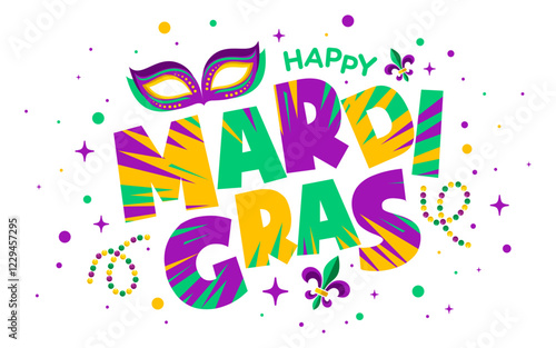 Happy Mardi Gras vector logo 
isolated on white background 
with Mardi Gras mask, beads, confetti, banner 
for Mardi Gras carnival celebration