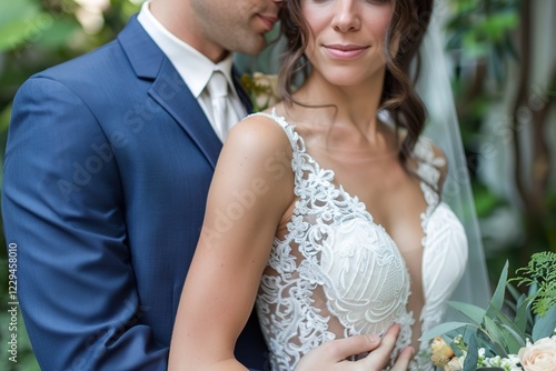 A Close up of a bride and groom posing together. photo