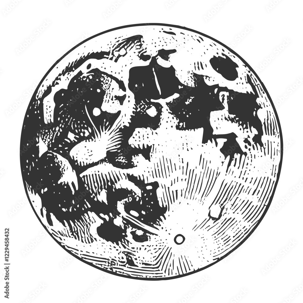 Fototapeta premium the moon, showcasing intricate craters and textures, symbolizing celestial beauty and mystery sketch engraving generative ai vector illustration. Scratch board imitation. Black and white image.