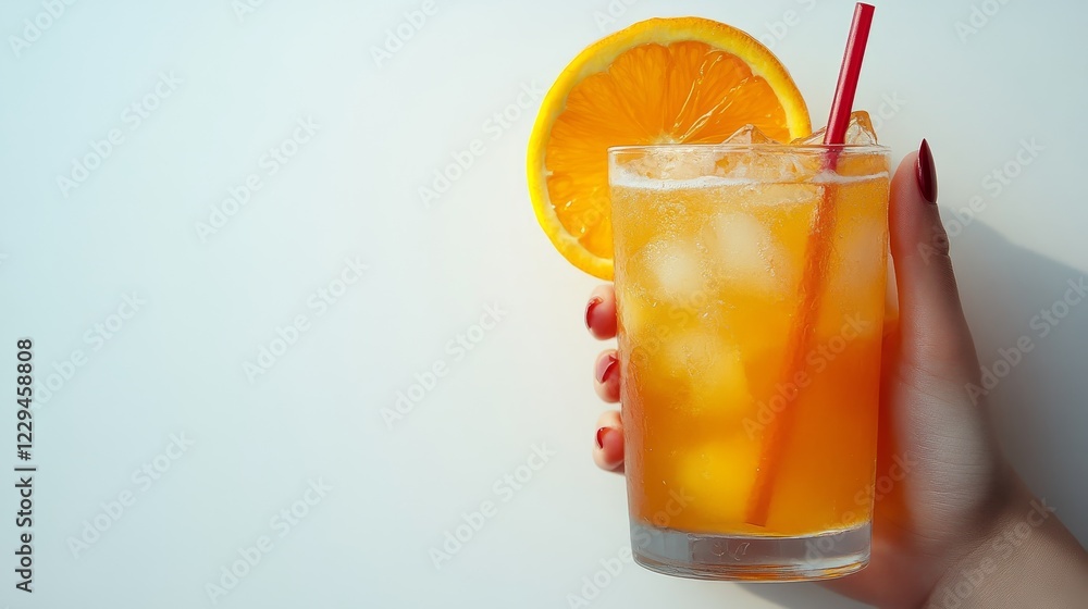 hand with citrus cocktail on white background, copy space, minimalistic hand with citrus cocktail on white background, copy space, minimalistic