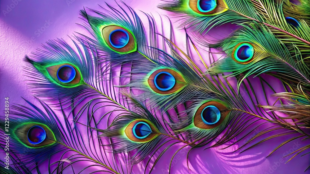 Obraz premium Peacock Feathers on Lilac Background, Architectural Photography