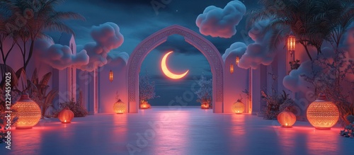 Night archway, moonlit oasis, lanterns
