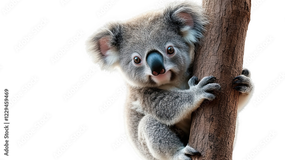 Fototapeta premium Cute koala perched on a tree branch, looking curious against a white isolated background.
