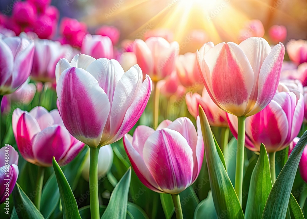 Fototapeta premium Pink and White Tulips in Sunlight - Elegant Floral Display