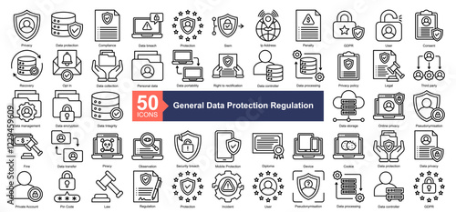 General Data Protection Regulation Icon Collection Set.Containing Privacy, Data protection, Compliance, Data breach, Protection, Siem, Ip Address icon. Simple line style Vector Illustration.