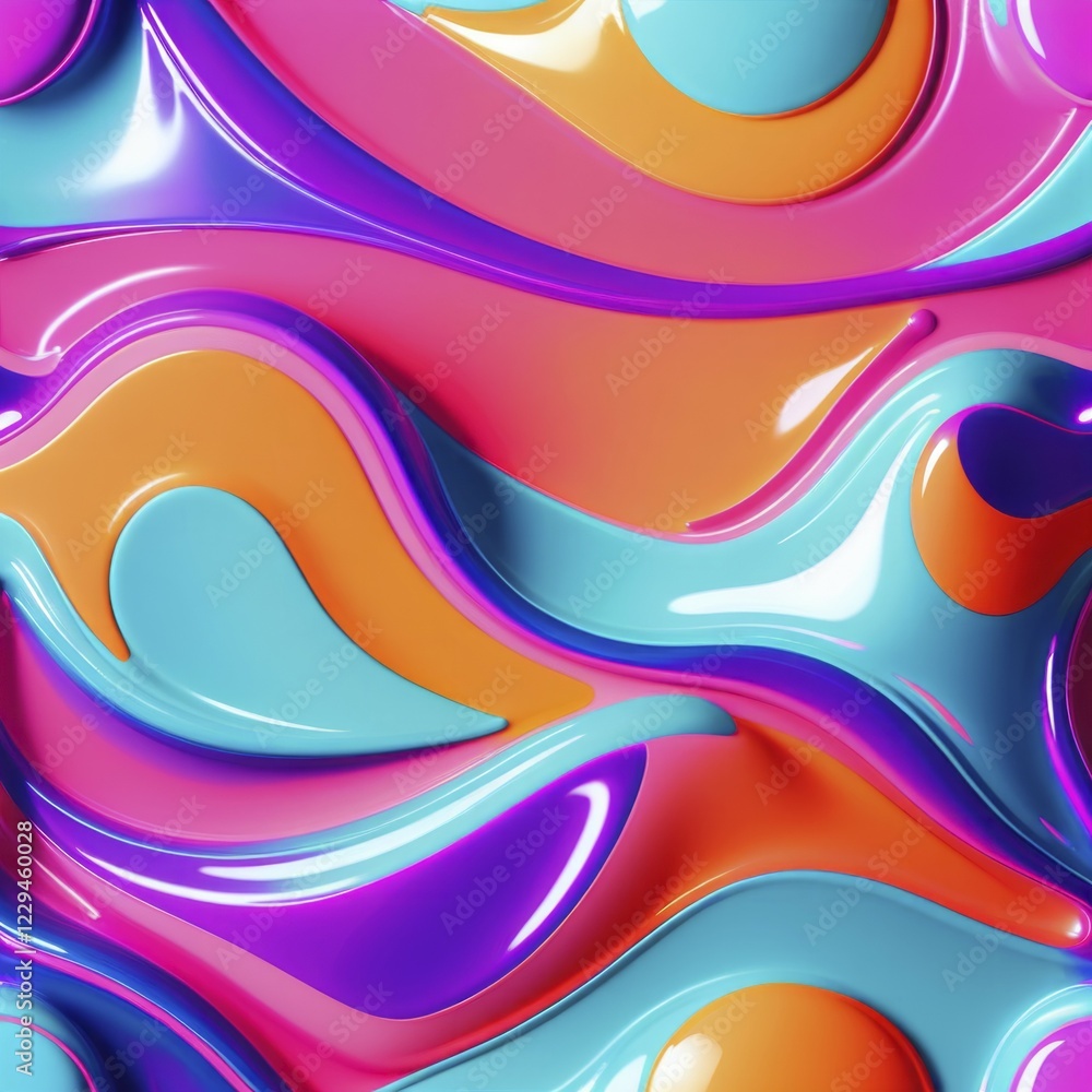 Fototapeta premium Smooth abstract waves in vibrant hues of orange, blue, and pink featuring a glossy 3D texture, AI generated