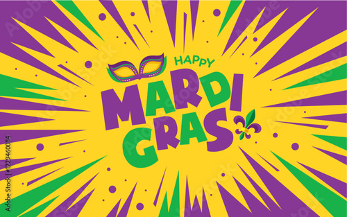 Purple, green and golden yellow, abstract starburst background, vector illustration for Mardi Gras carnival celebration, web banner, social media, poster, flyer