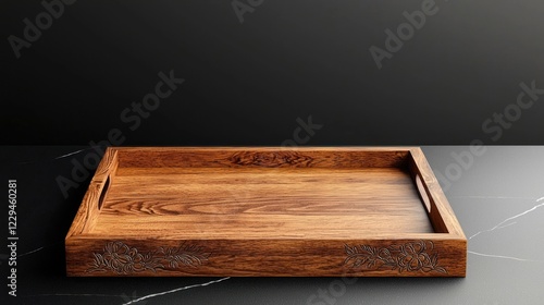 Dark Brown Carved Wooden Tray on Dark Marble Surface