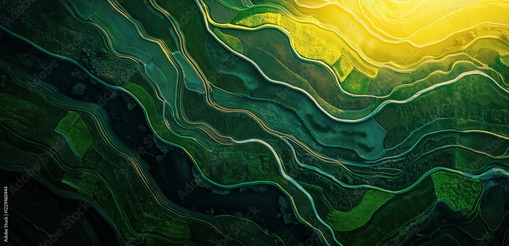 Obraz premium Abstract Swirling Green and Gold: A mesmerizing abstract artwork with dynamic swirls of emerald green and shimmering gold.