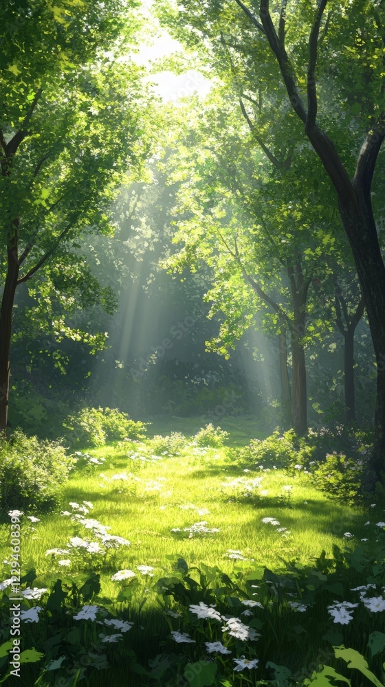 Naklejka premium Sunlit Forest Path: A Tranquil Nature Scene