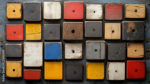 Colorful wooden blocks arranged on a rustic background; home decor, craft project photo