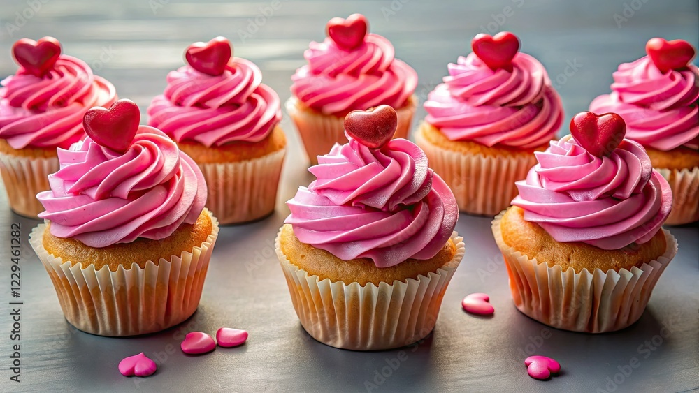Pink Heart Cupcakes, Row, Portrait Photography, AI Art Pink Heart Cupcakes, Row, Portrait Photography, AI Art