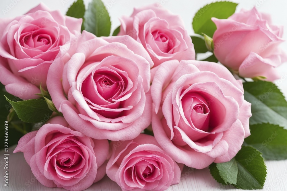 Group of pink roses in bloom with delicate petals and green leaves, AI generated Group of pink roses in bloom with delicate petals and green leaves, AI generated