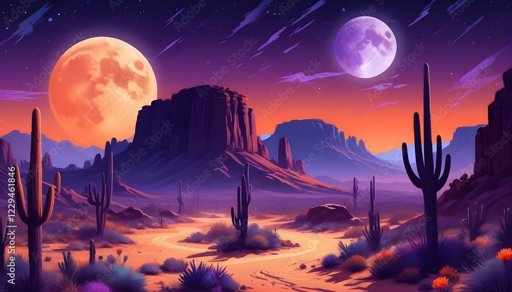 Un paisaje desértico de noche con una gran luna en el cielo, rodeada de estrellas. En primer plano aparecen varios cactus y formaciones rocosas en tonos naranja y morado Un paisaje desértico de noche con una gran luna en el cielo, rodeada de estrellas. En primer plano aparecen varios cactus y formaciones rocosas en tonos naranja y morado