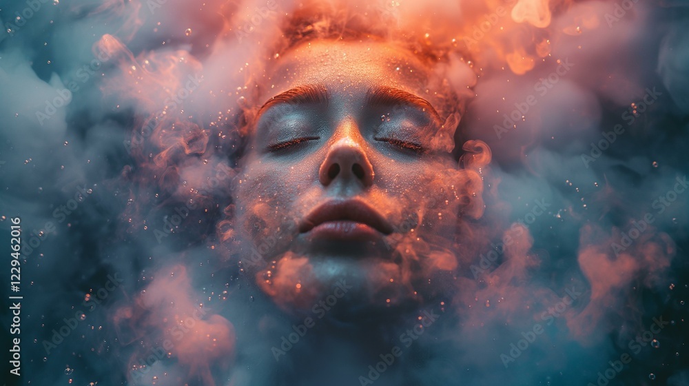 Ethereal Woman Submerged in a Mystical Orange and Blue Smoke Cloud Ethereal Woman Submerged in a Mystical Orange and Blue Smoke Cloud