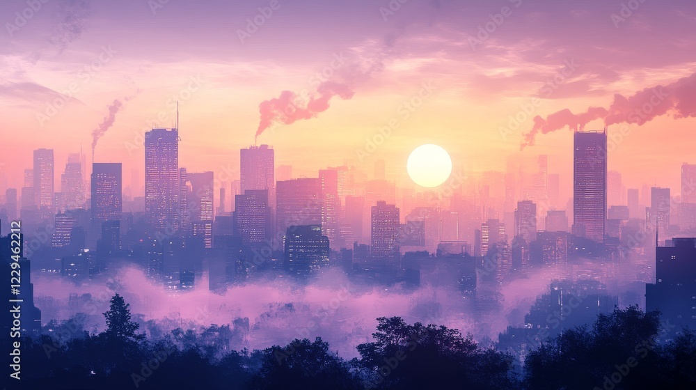 A city skyline with a large sun in the sky. The sun is setting and the sky is a mix of pink and purple. The city is covered in fog, giving it a mysterious and eerie atmosphere A city skyline with a large sun in the sky. The sun is setting and the sky is a mix of pink and purple. The city is covered in fog, giving it a mysterious and eerie atmosphere