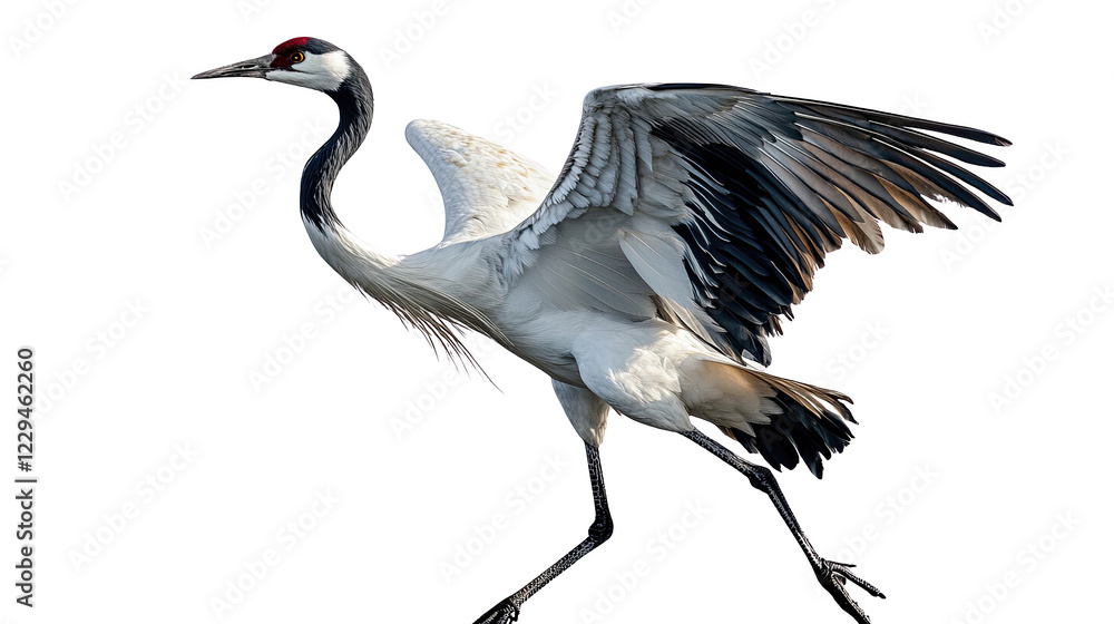 Elegant crane in motion, displaying its majestic wingspan against a white isolated background. Elegant crane in motion, displaying its majestic wingspan against a white isolated background.