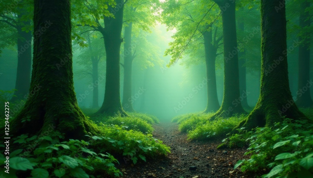 Obraz premium The misty forest floor hides the trees' roots, green, evergreen