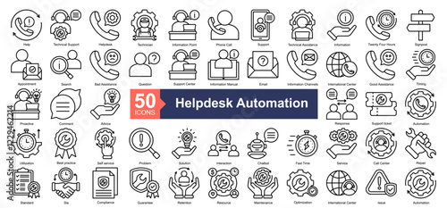Helpdesk Automation Icon Collection Set.Containing Help, Technical Support, Helpdesk, Technician, Information Point, Phone Call, Support icon. Simple line style Vector Illustration.