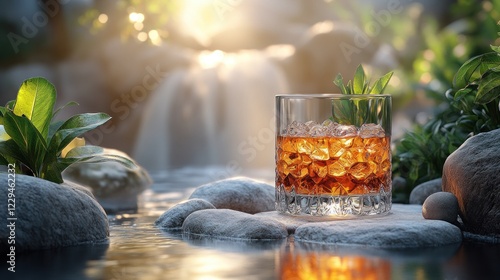 Iced drink, rocks, waterfall, sunset, serenity, ad photo