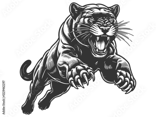 Jumping running panther, emphasizing its muscular build and agility. Tattoo design sketch engraving generative ai vector illustration. Scratch board imitation. Black and white image.
