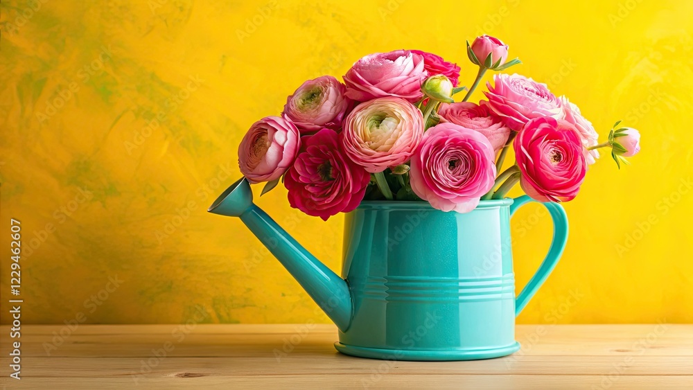Pink Ranunculus Bouquet in Turquoise Watering Can - Rule of Thirds Pink Ranunculus Bouquet in Turquoise Watering Can - Rule of Thirds