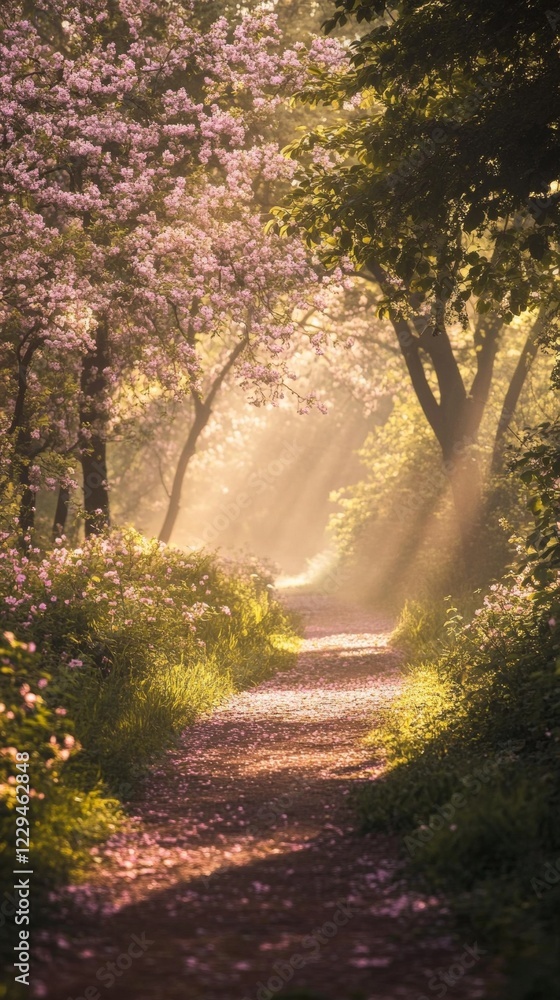 Serene Springtime Pathway in a Blossoming Forest