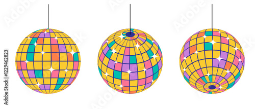 Set of swinging mirror disco ball with shiny spotlight flashes and colorful mirror cells on surface. Ball with mirror mosaic pattern to reflect rays of spotlights night club. Vector isolated on white