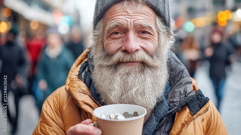 Homeless Surviving Alone on Streets. Smiling elderly man holding a cup, with a bustling street in the background. Homeless Surviving Alone on Streets. Smiling elderly man holding a cup, with a bustling street in the background.