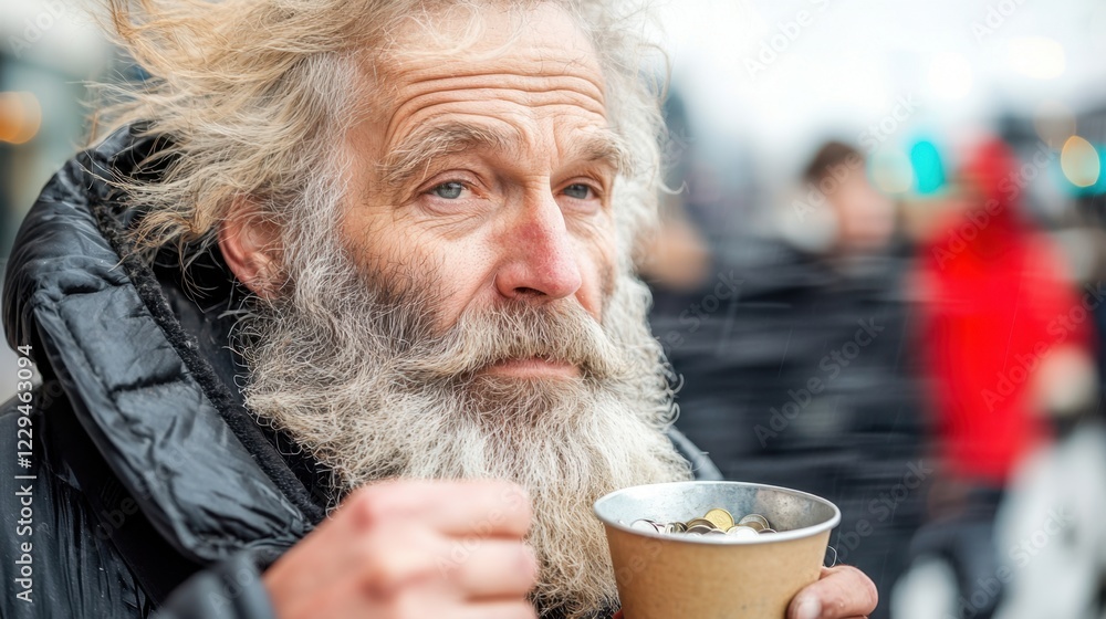 Homeless Surviving Alone on Streets. A weathered man with a beard holds a cup, capturing a moment of resilience and survival. Homeless Surviving Alone on Streets. A weathered man with a beard holds a cup, capturing a moment of resilience and survival.