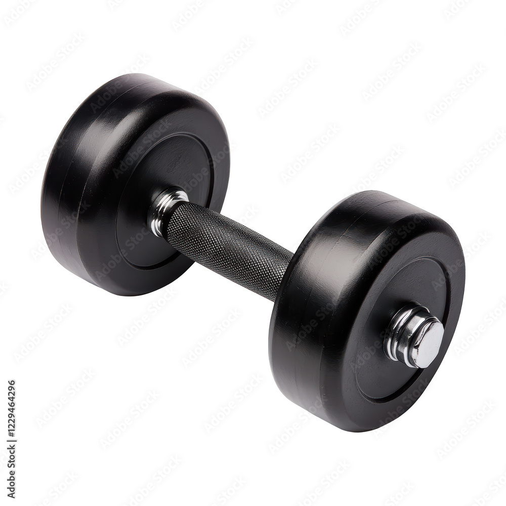 close up of sturdy black rubber coated dumbbell with textured metal grip, ideal for strength training close up of sturdy black rubber coated dumbbell with textured metal grip, ideal for strength training