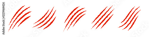 Set of red claws animal scratch vector icons. Cat, tiger, monster scratches paw shapes