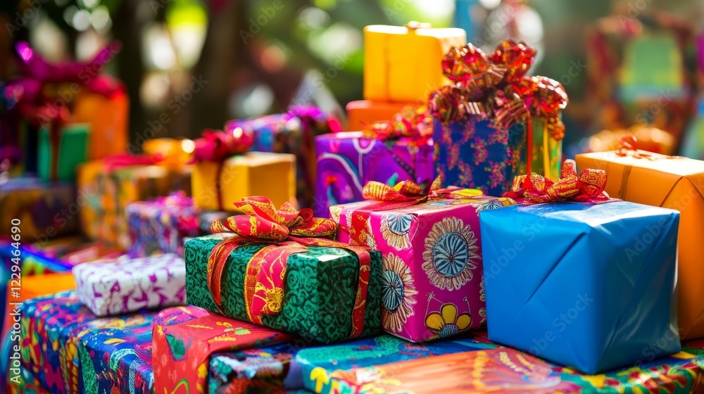 Fototapeta premium A vibrant collection of gift boxes wrapped in colorful paper and ribbons, perfect for celebrations and festive occasions.