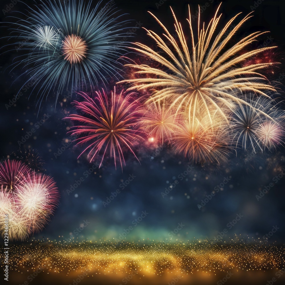 Vibrant fireworks with multiple bursts illuminating the night sky and sparkling ground, AI generated Vibrant fireworks with multiple bursts illuminating the night sky and sparkling ground, AI generated